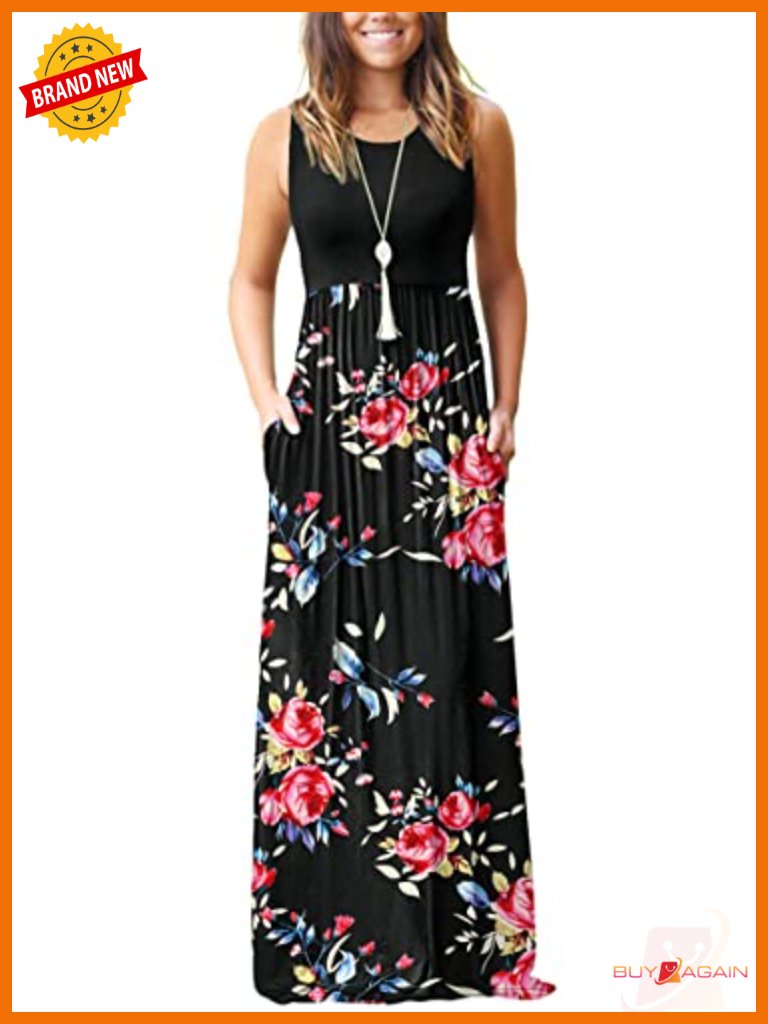 Sleeveless Floral Maxi Dress With Pockets A-Line Maternity